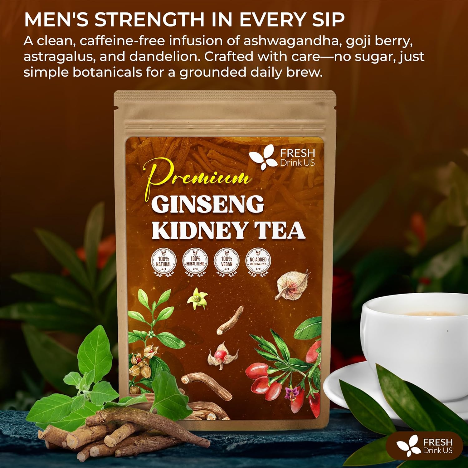 Ginseng 6 Treasures Kidney Tea, Super Kidney Cleanse Detox Tea For Men & Women, 100% Natural Roots & Berries | Caffeine-Free | Adaptogenic Blend for Energy, Wellness & Vitality Support