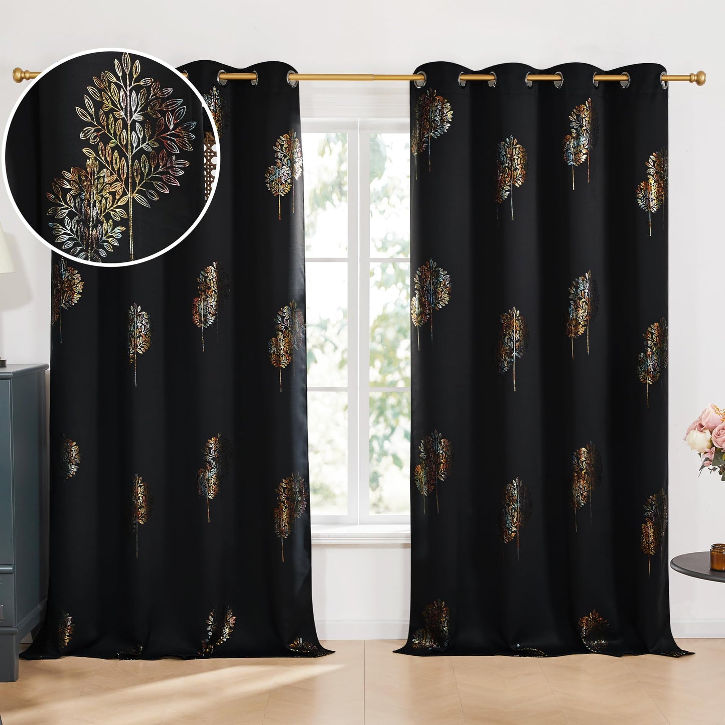 Room Darkening Curtains with Line Foil Print, Navy Blue, 2 Panels