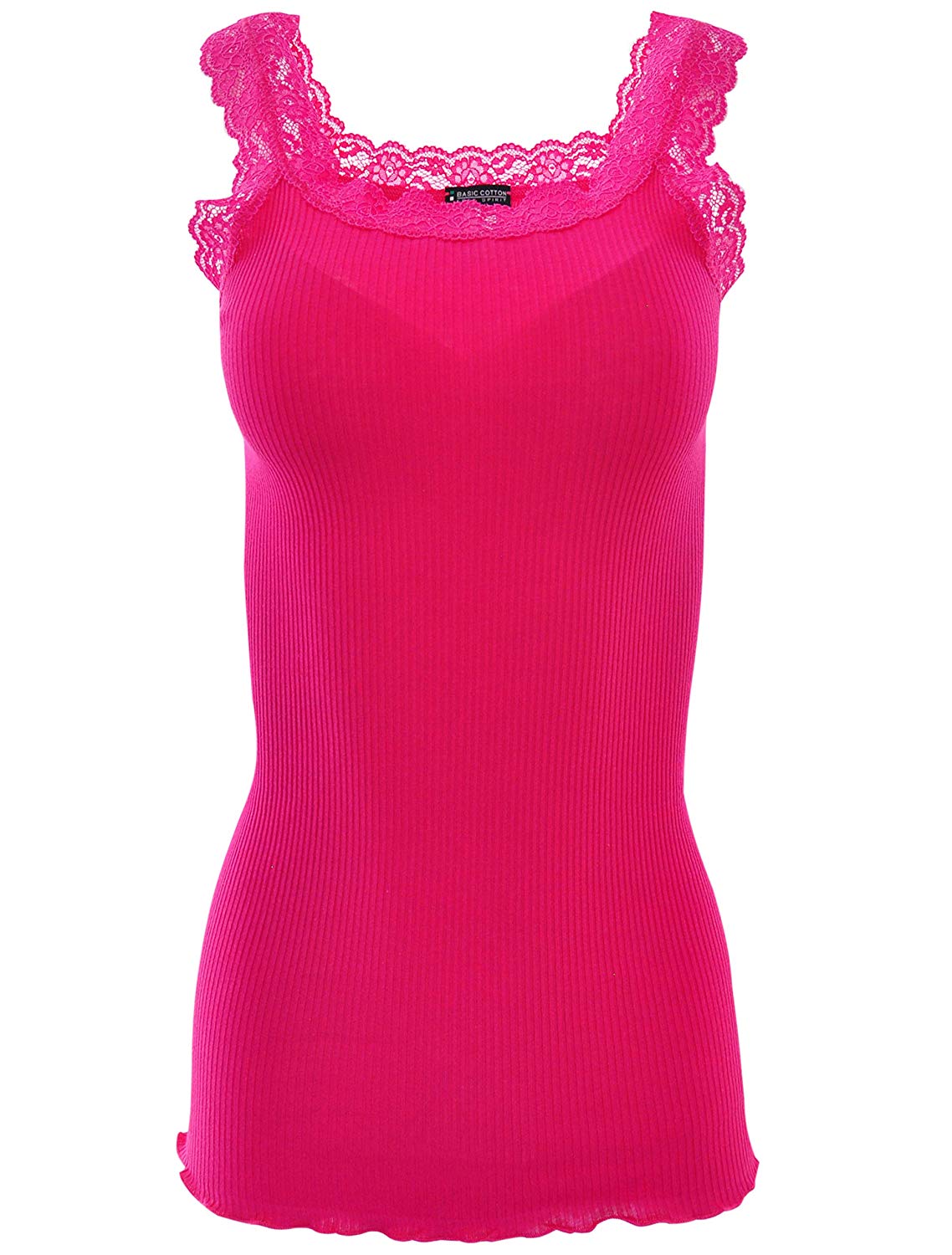 BASIC COTTON Free Spirit Premium Quality 100% Cotton Women's Lace Trim Tank Top Made in Italy