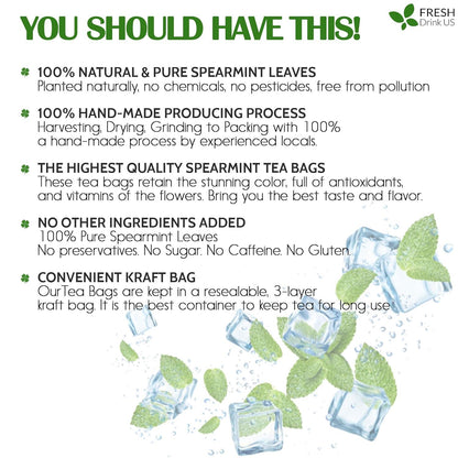 Spearmint Tea Bags, 100% Natural & Pure Spearmint Leaves. Loose Leaf Spearmint Herbal Tea. Spearmint Leaf Tea. No Sugar, No Caffeine, No Gluten, Vegan.