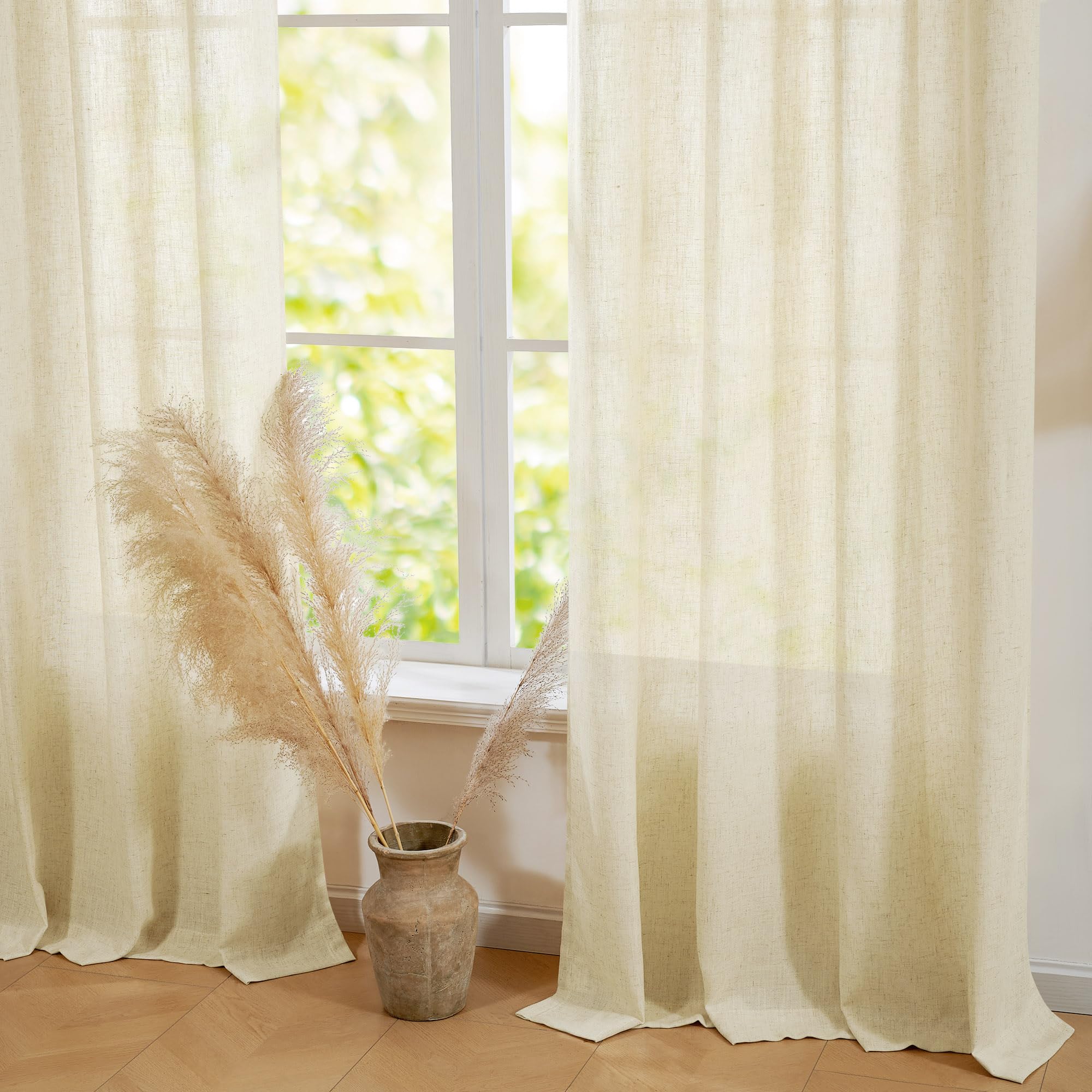 Linen Look Boho Semi-Sheer Curtains, 52x63 Inch, 2 Panels