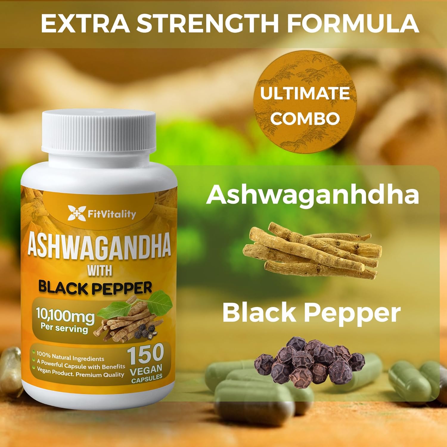 Ashwagandha with Black Pepper Capsules, Non-GMO, Gluten-Free