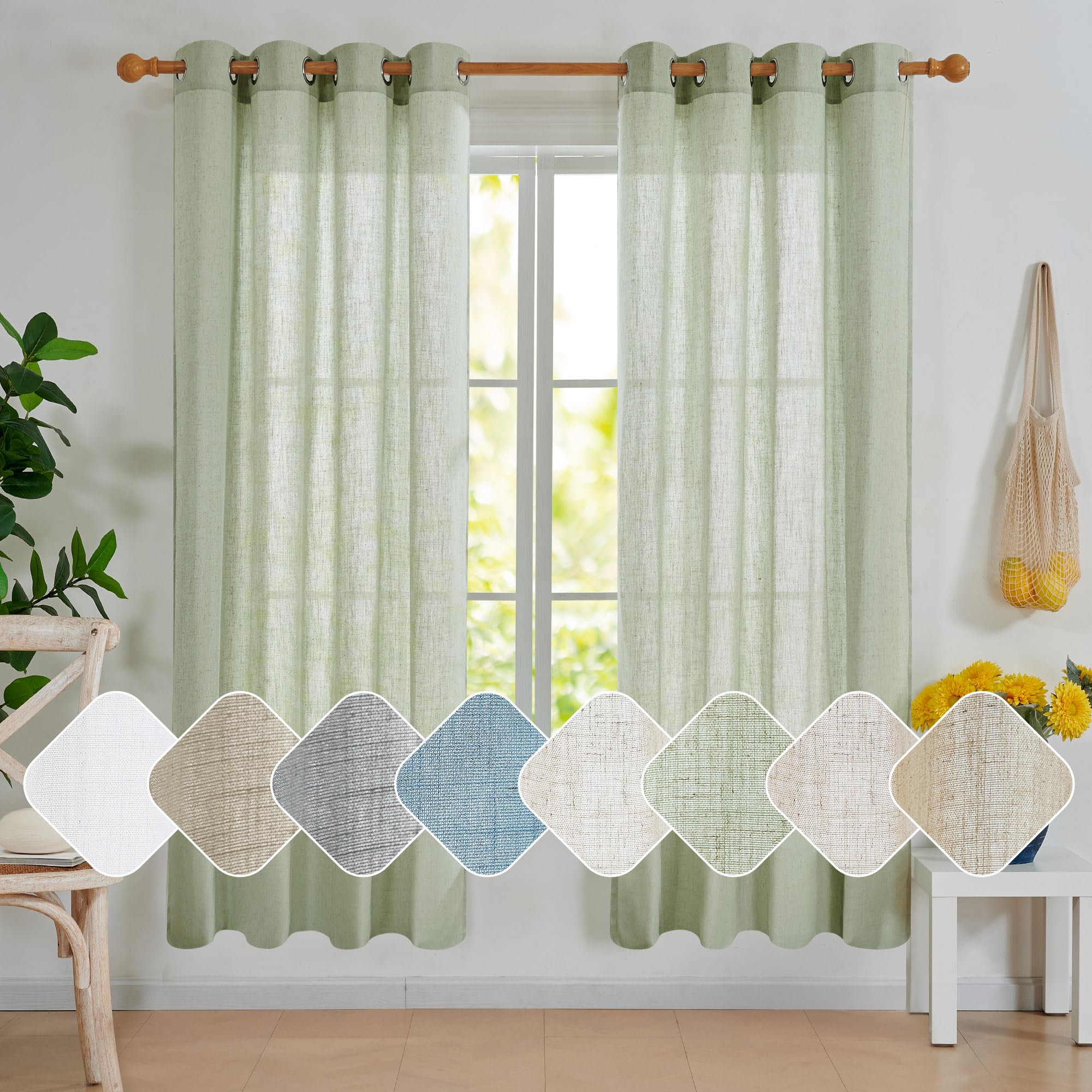 Linen Look Boho Semi-Sheer Curtains, 52x63 Inch, 2 Panels