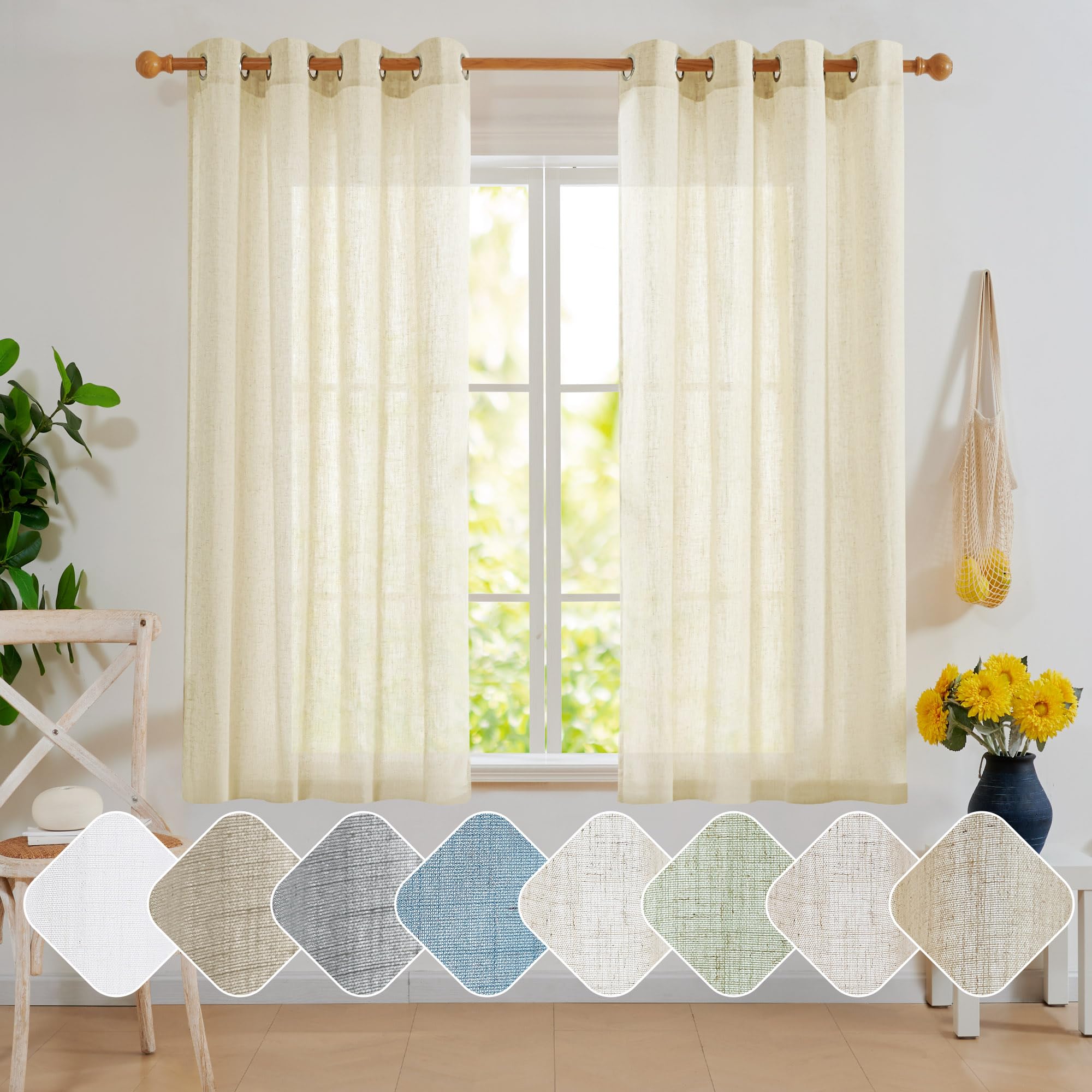 Linen Look Boho Semi-Sheer Curtains, 52x63 Inch, 2 Panels