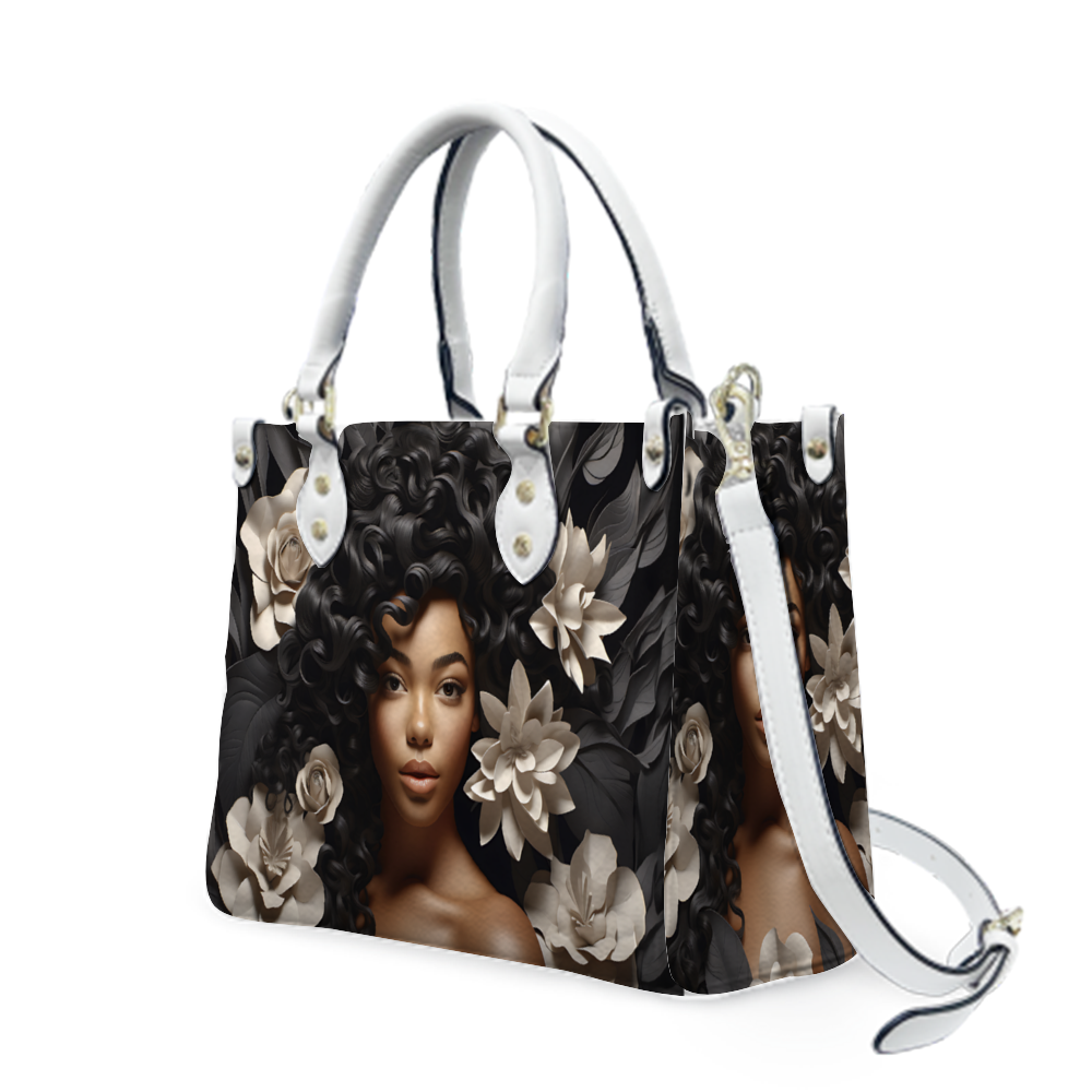 Black Women Flower Tan PU Handbag Chic and Practical Women Fashion PU Leather Tote