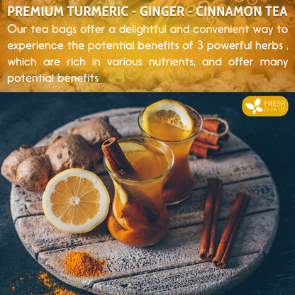 Turmeric, Ginger, Cinnamon Tea, Tea Bags, 100% Natural, Hand-made Blend of Turmeric, Ginger, and Cinnamon. Eco-conscious Tea Bags. Turmeric Ginger Herbal Tea. No Sugar, No Caffeine, No Gluten, Vegan.