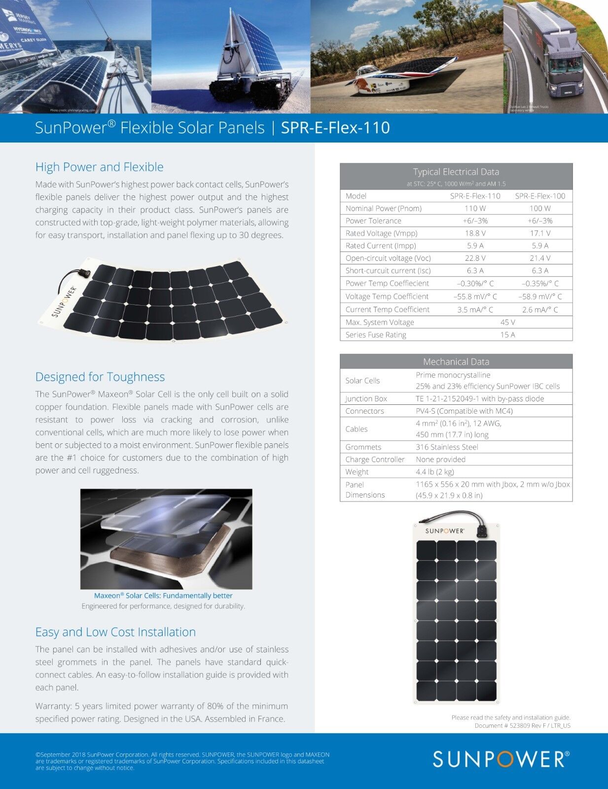 Sunpower 100W Flexible Solar Panel with Maxeon Technology cells