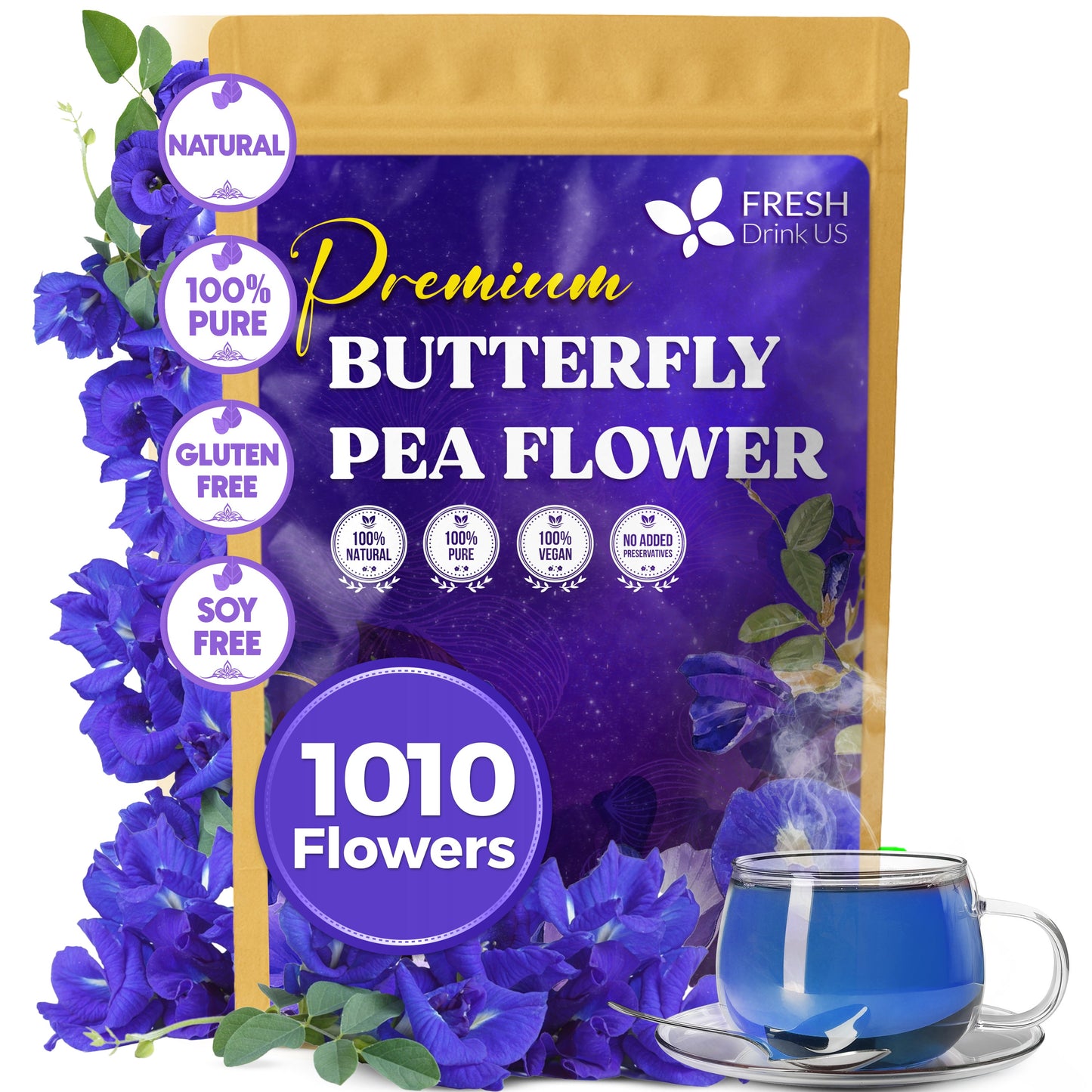 Premium Butterfly Pea Flowers, Tea Bags, 100% Natural and Pure from Butterfly Pea Flowers, Hand-made, Made With Natural Materials-Corn Fiber Tea Bag, Sugar/Caffeine/Gluten Free