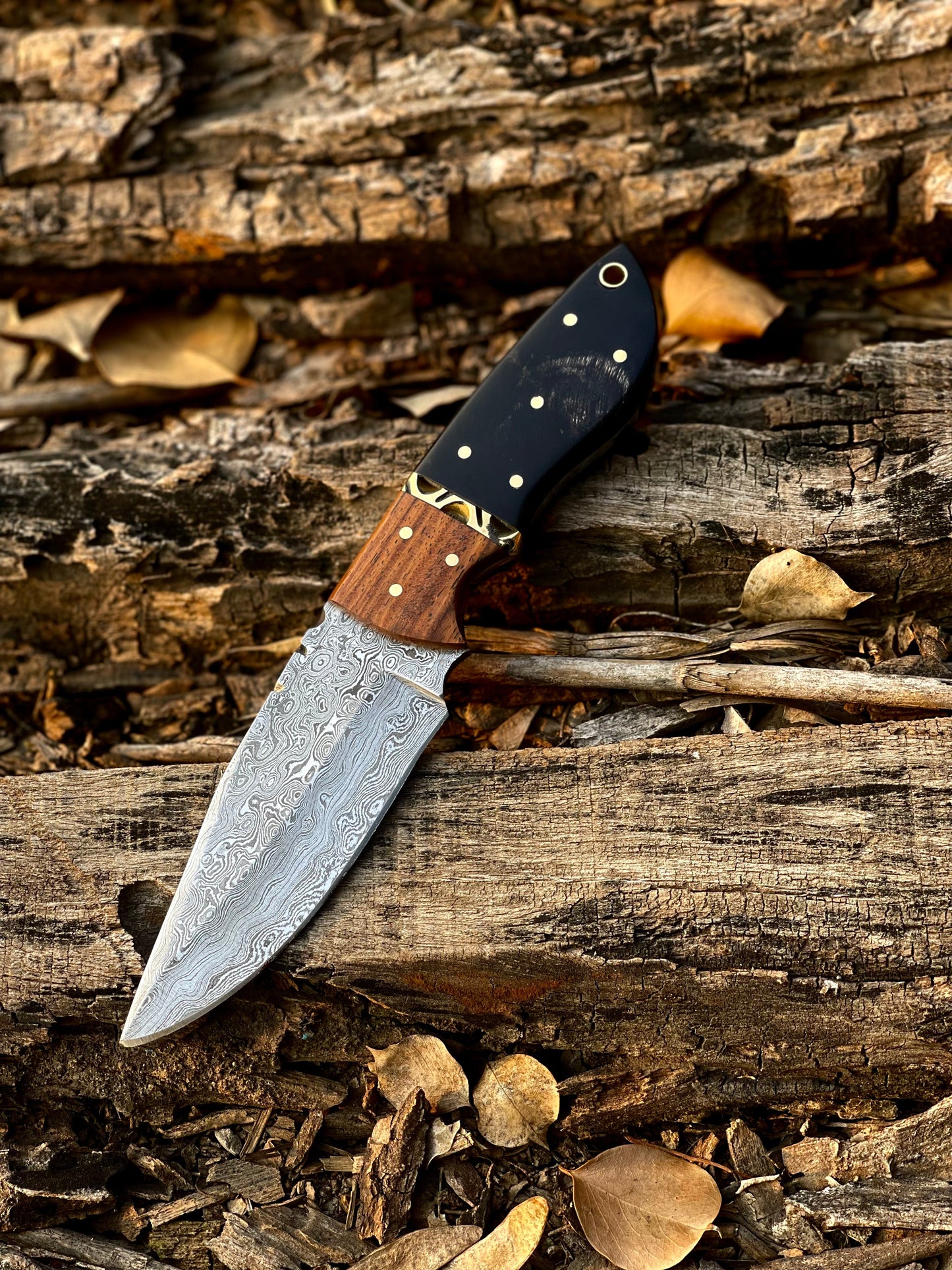 Skinning Knife – 8" Forged Damascus Steel Blade with Buffalo Horn & Rosewood Handle, Leather Sheath