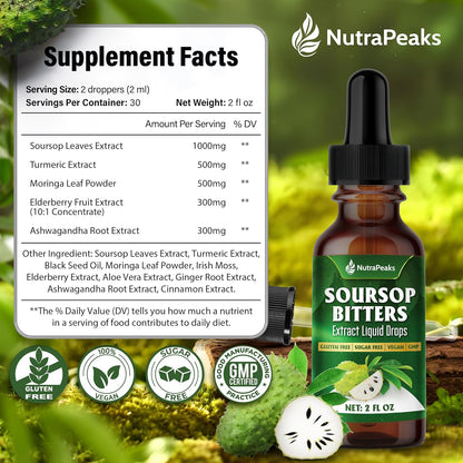 Soursop Bitters Liquid Drops – Premium Herbal Blend with Soursop Leaves, Black Seed, Moringa, Ashwagandha, Senna, Goat Weed & Ginger, 2 fl oz