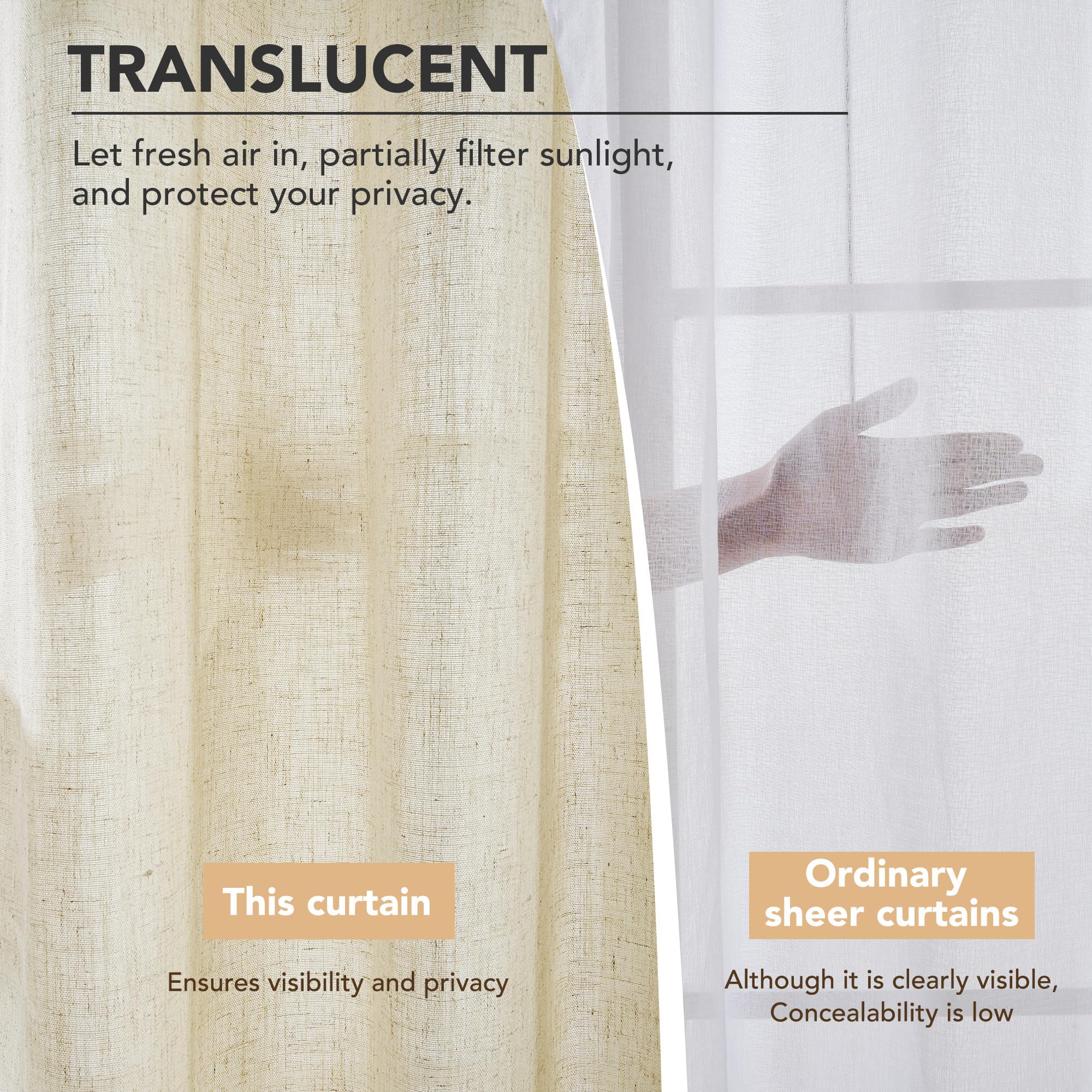 Linen Look Boho Semi-Sheer Curtains, 52x63 Inch, 2 Panels