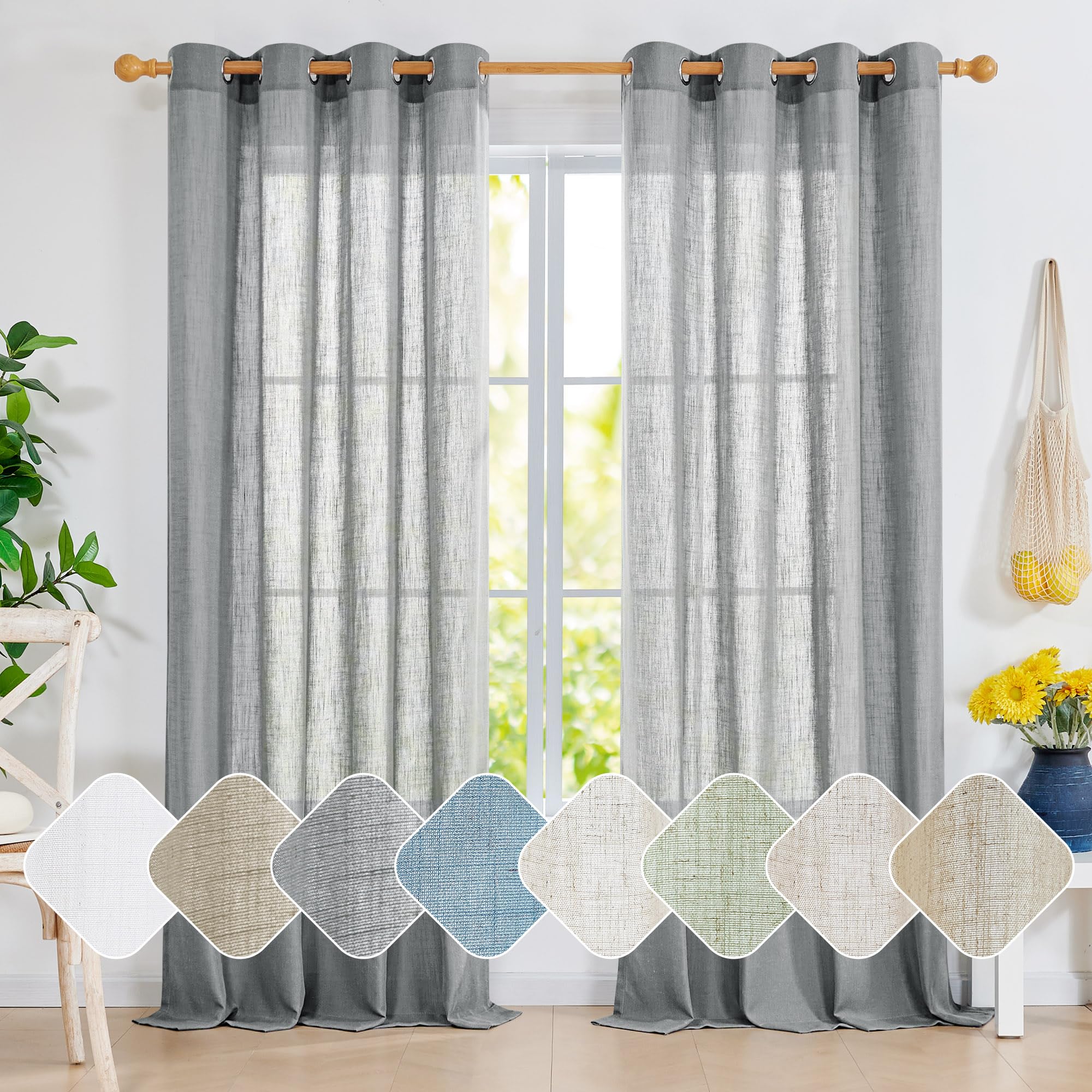 Linen Look Boho Semi-Sheer Curtains, 52x63 Inch, 2 Panels