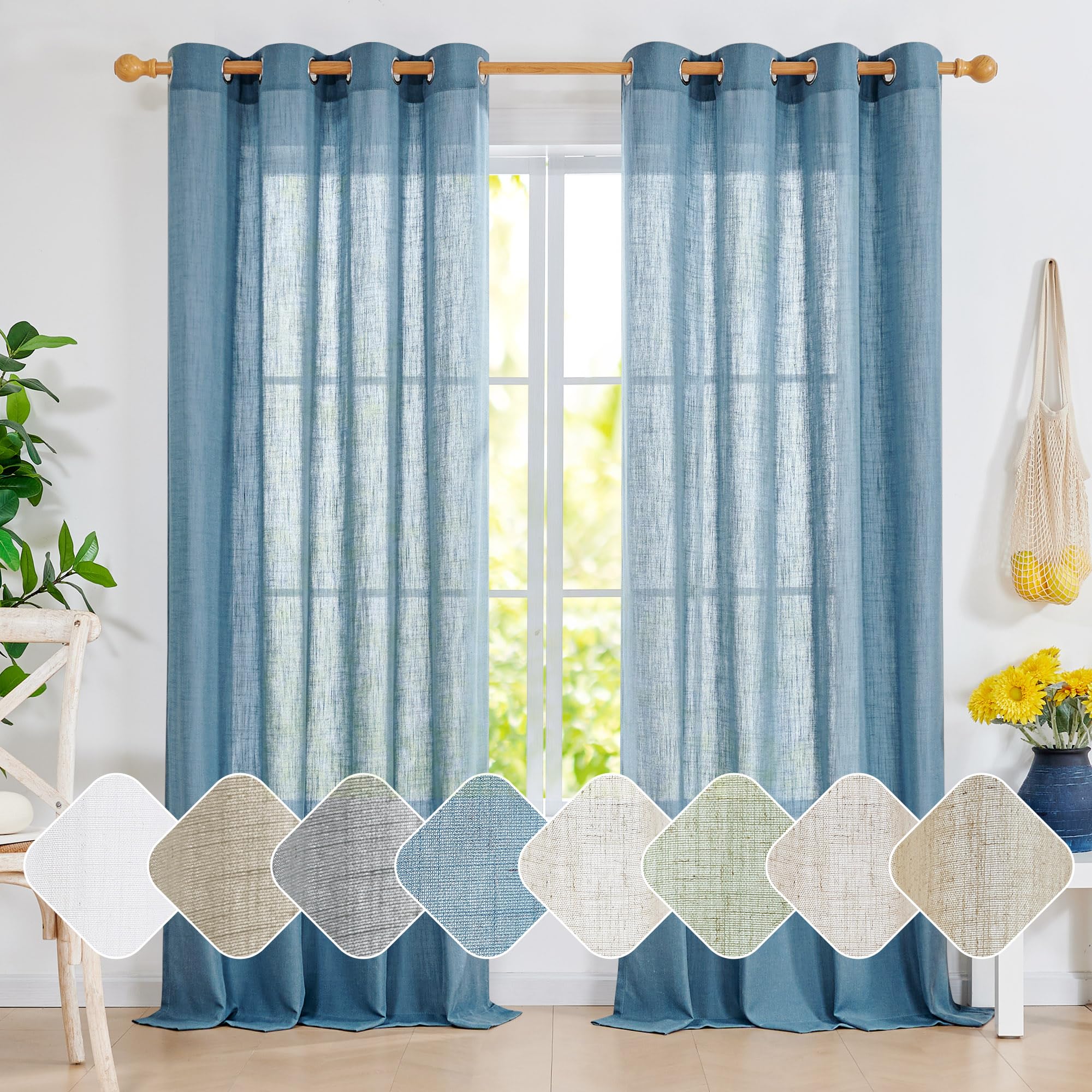Linen Look Boho Semi-Sheer Curtains, 52x63 Inch, 2 Panels