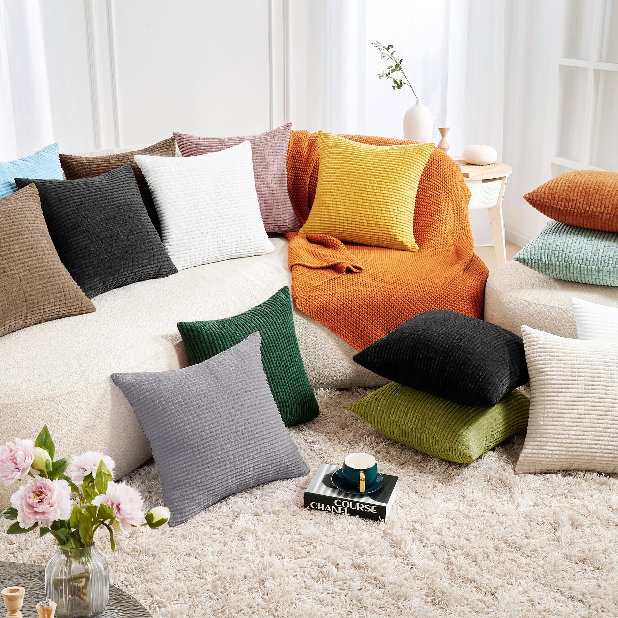 Corduroy Throw Pillow Covers, Cream White, 4PCS