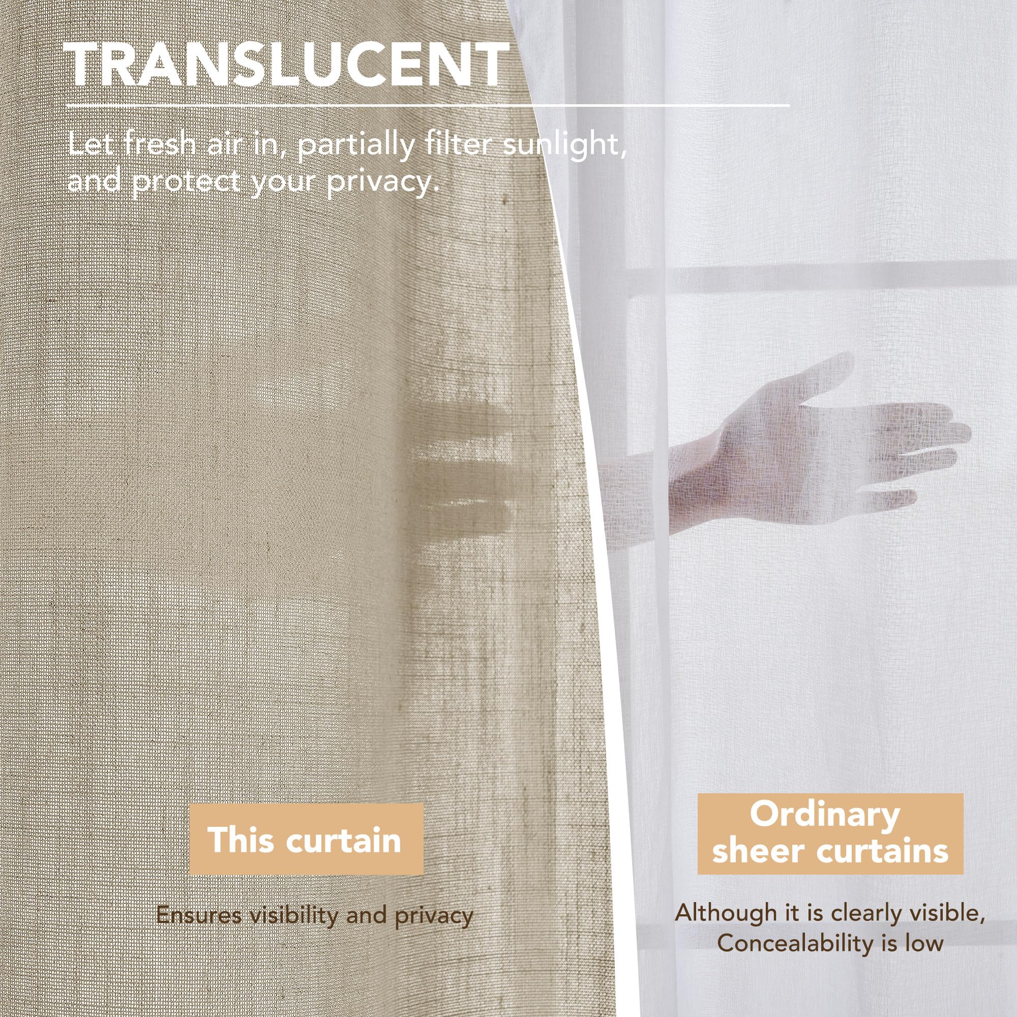 Linen Look Boho Semi-Sheer Curtains, 52x63 Inch, 2 Panels