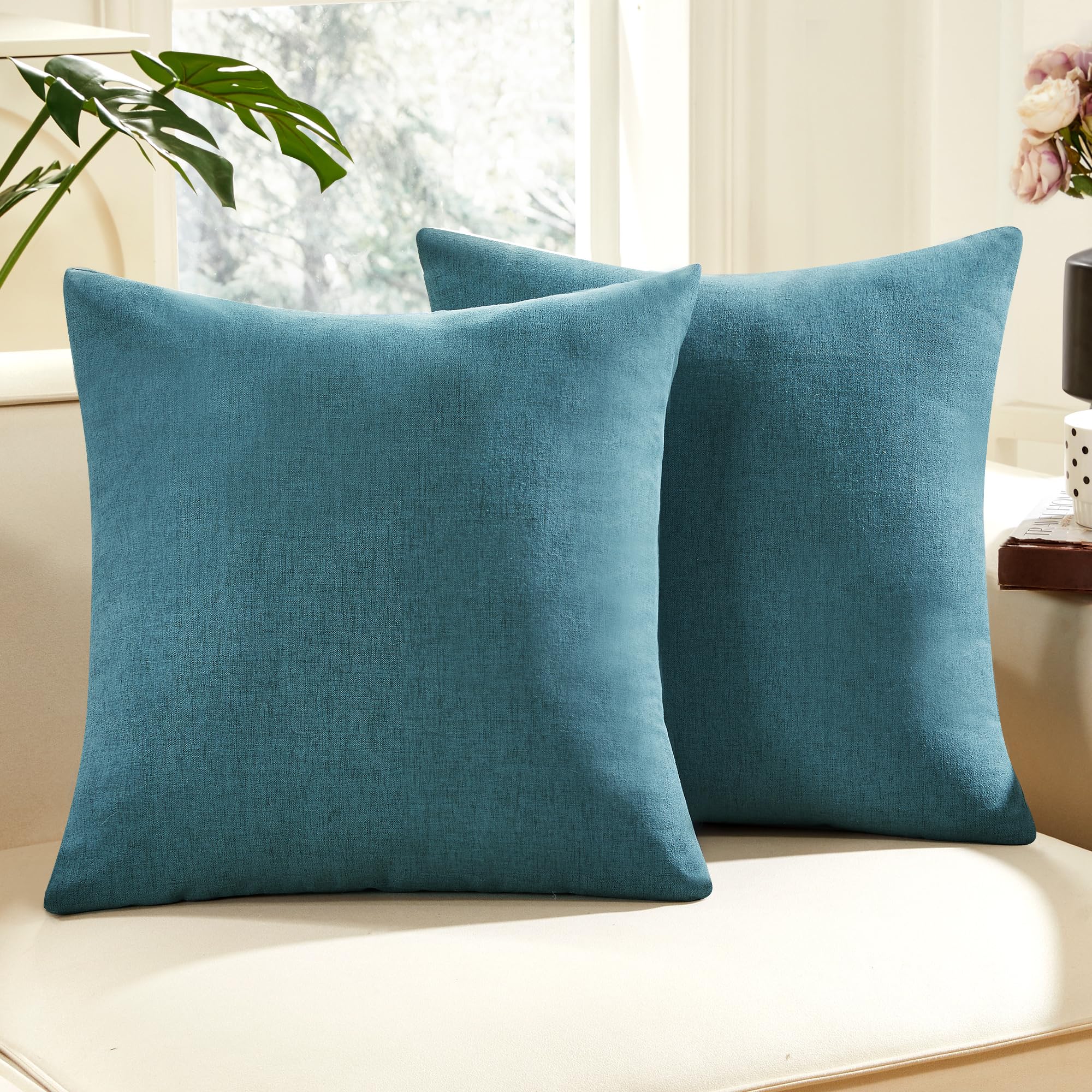 Faux Linen Pillow Covers, 16x16 Inch, Creamy White, 2PCS