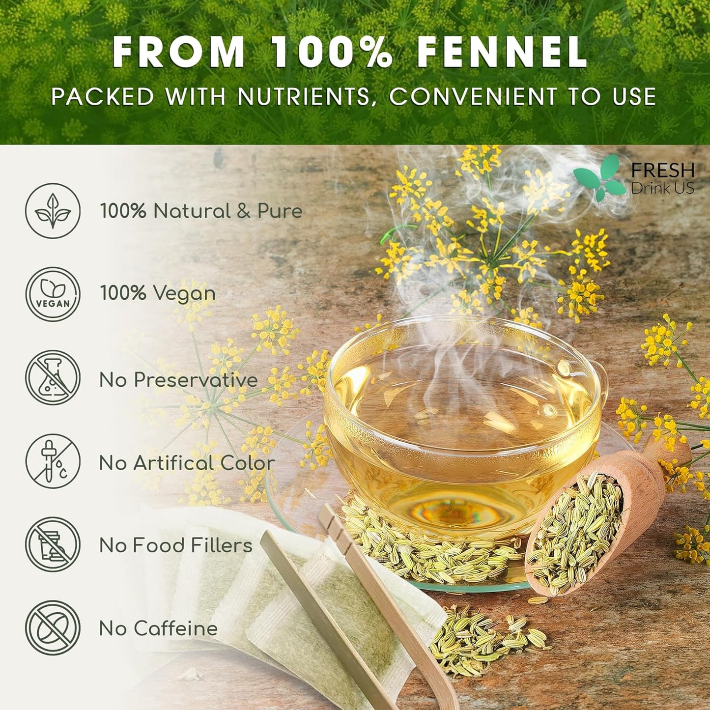 Premium Fennel Tea Bags, 100% Natural & Pure from Fennel Seeds. Fennel Seed Herbal Tea. Fennel Seed Tea. Made with Natural Material Tea Bags. No Sugar, No Caffeine, No Gluten, Vegan.