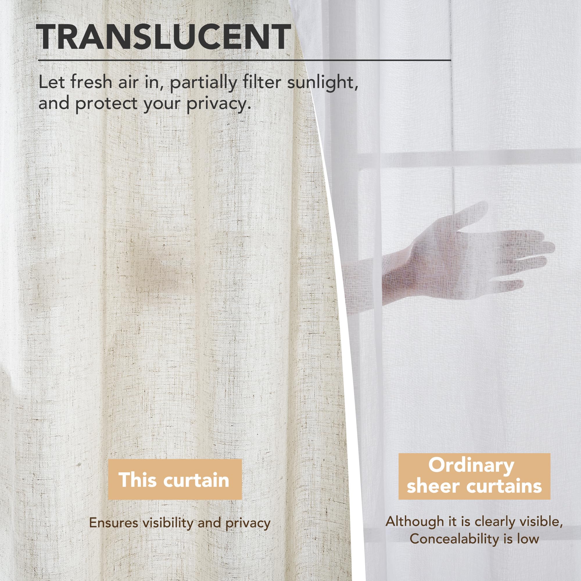 Linen Look Boho Semi-Sheer Curtains, 52x63 Inch, 2 Panels