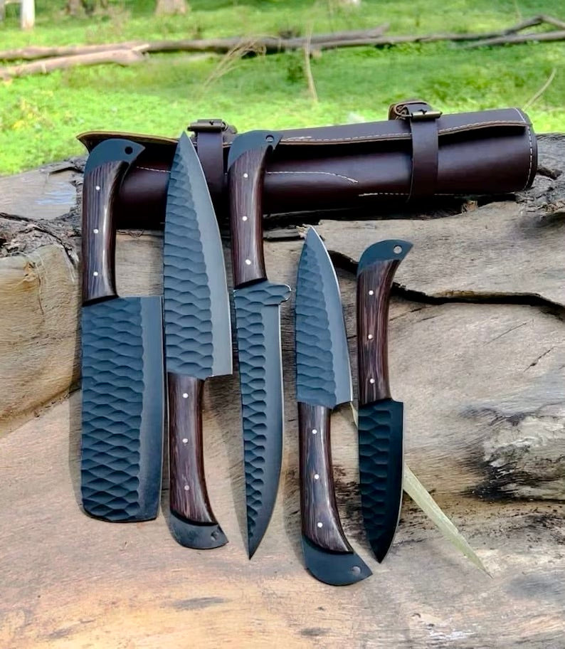 Best Budget Knife Set – Forged Stainless Steel Blade with Wenge Wood Handle & Leather Sheath