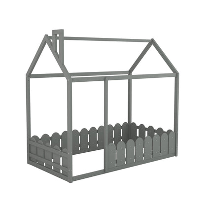 {Slats are not included}Twin Size Wood Bed House Bed Frame with Fence for Kids Teens Girls Boys {Gray}