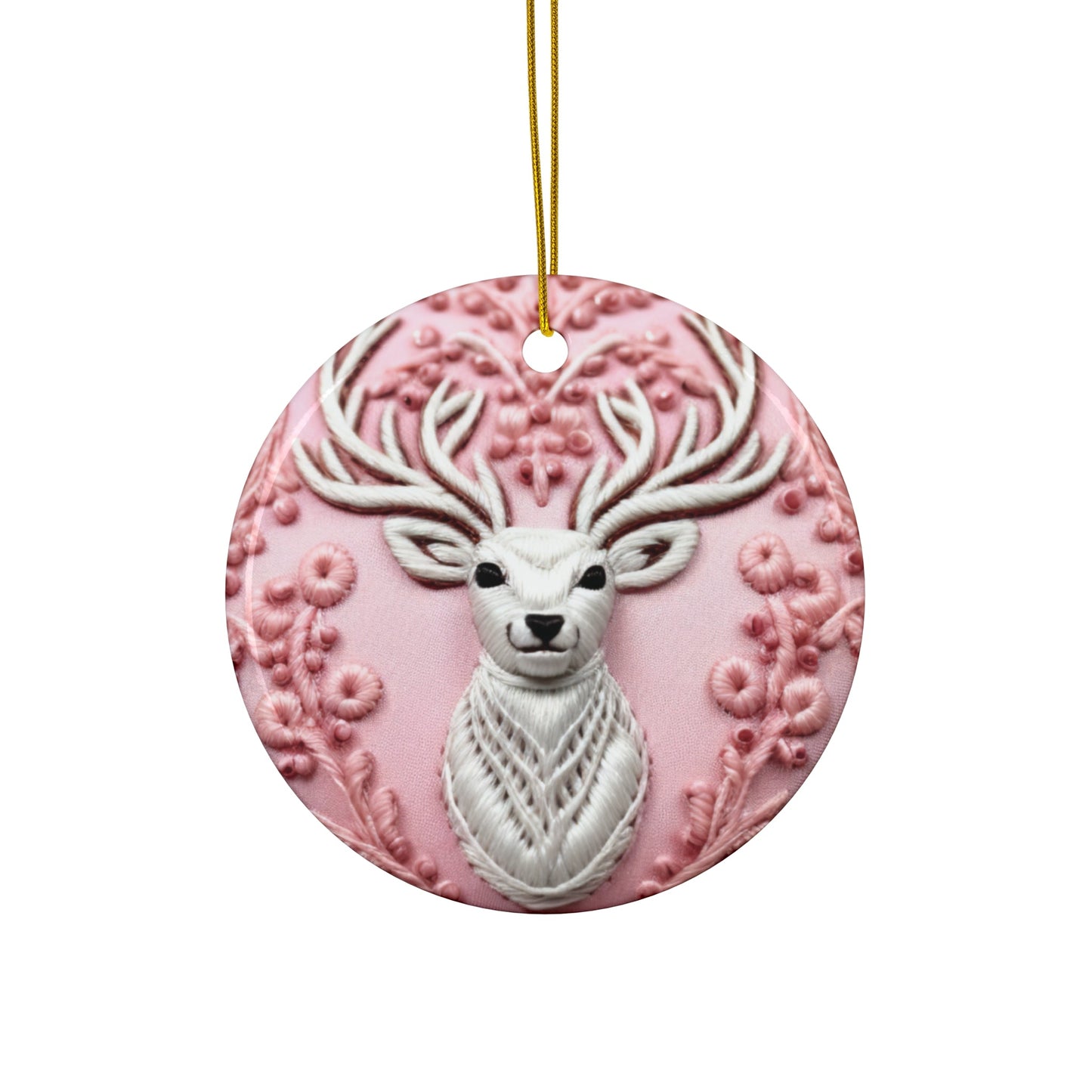 3D Embroidered Pink Christmas Deer #2 Ceramic Ornament