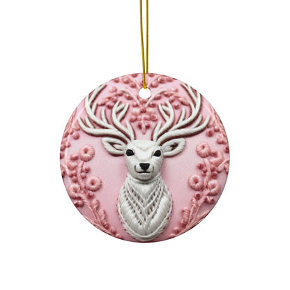 3D Embroidered Pink Christmas Deer #2 Ceramic Ornament
