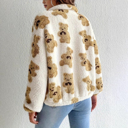Bear Printed Furry Fleece-lined Warm And Loose Coat