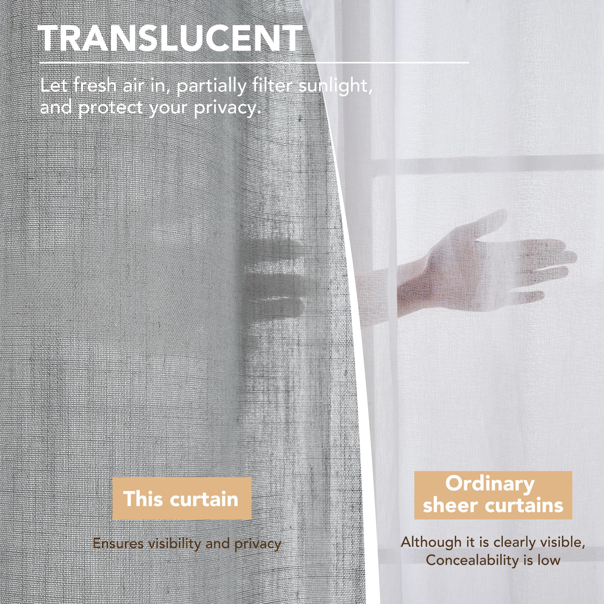 Linen Look Boho Semi-Sheer Curtains, 52x63 Inch, 2 Panels