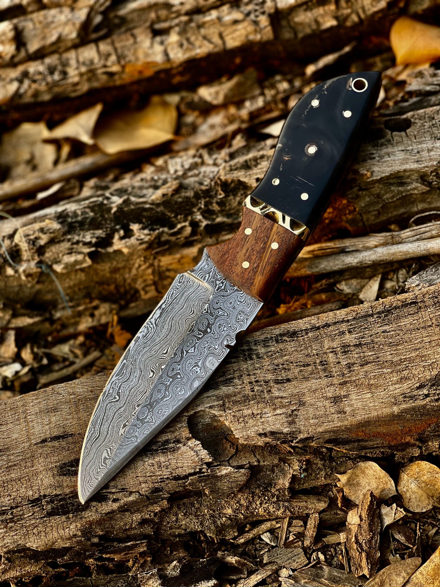 Skinning Knife – 8" Forged Damascus Steel Blade with Buffalo Horn & Rosewood Handle, Leather Sheath