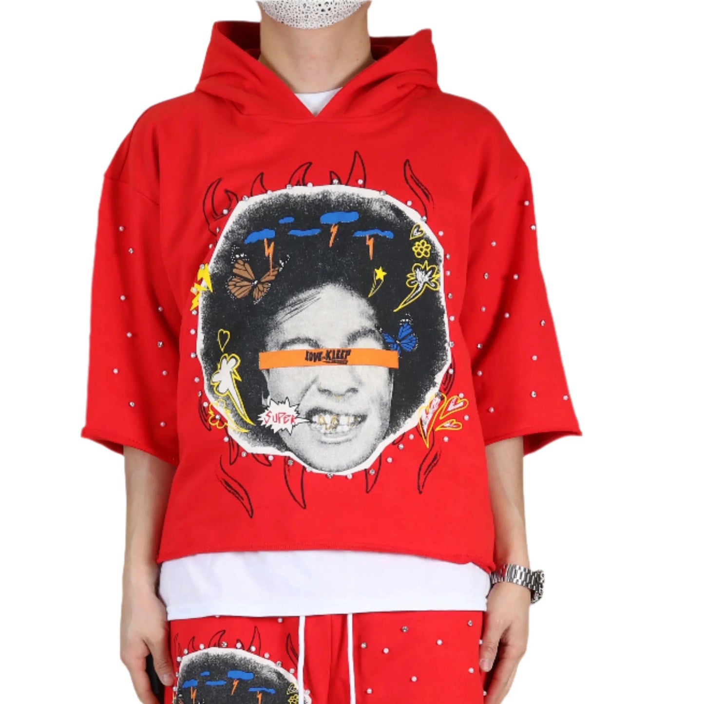 SIMON French Terry 3/4 Sleeve Crop Top Pullover Hoodie