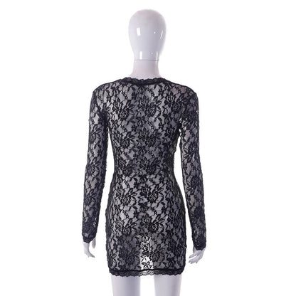 Spring Summer New Women Lace Spliced Sleepwear Sexy Perspective Dress