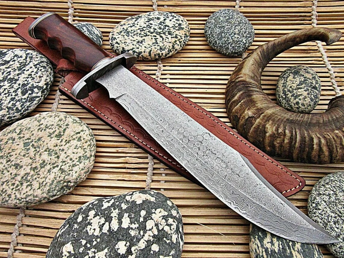Original 17" Antique Damascus Steel Bowie Knife – Rosewood Handle & Damascus Steel Guard with Leather Sheath