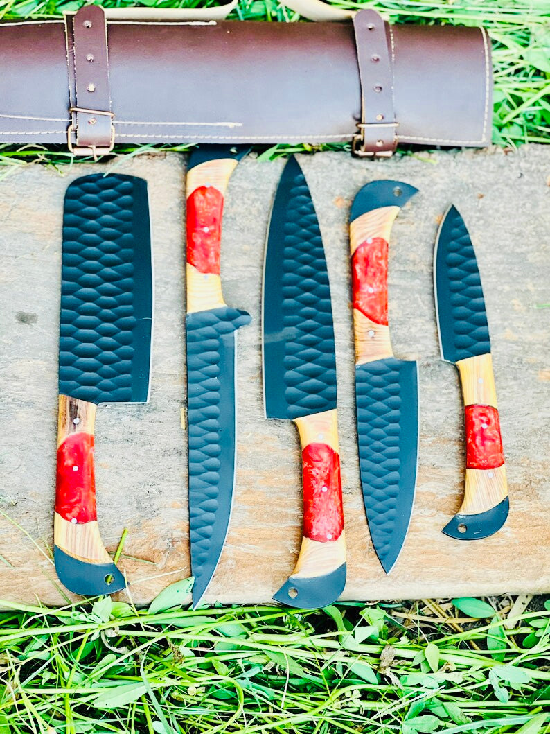 Best Japanese Kitchen Knife Set – 13" Forged Stainless Steel Chef Knife with Olivewood & Resin Handle + Leather Sheath