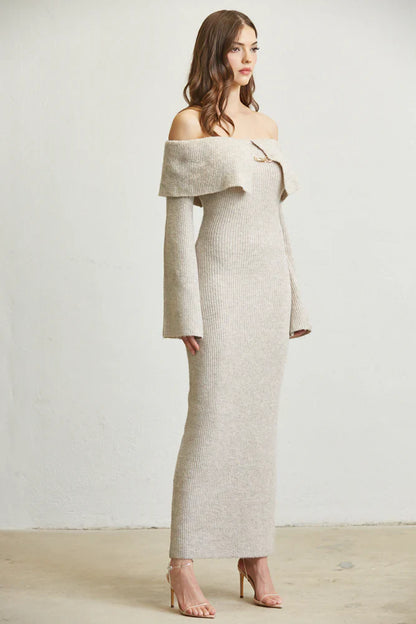 Off Shoulder Knit Maxi Dress - Fold & Flare By Rose Paulino