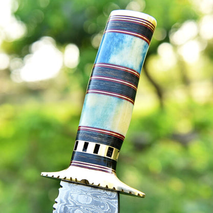 Damascus Steel Antique Bowie Knife for Sale – 13" with Brass Guard, Color Bone & Pakkawood Handle, Includes Leather Sheath