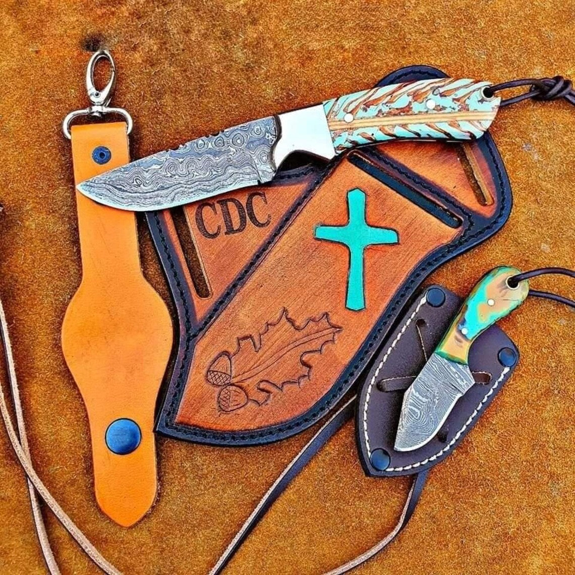 Bull Sheath Leather Knife with 4.5" Damascus Steel Blade – Custom Handmade