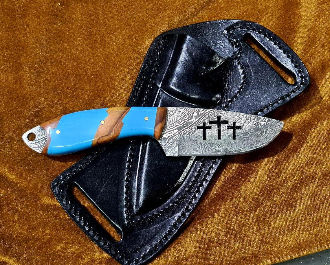 Custom Handmade Bull Sheath Leather Knife with 4.5" Damascus Steel Blade
