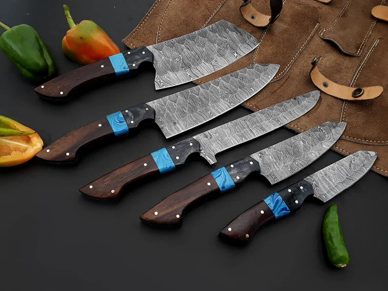 Best Chef Knives Sets – 13" Handmade Damascus Steel Kitchen Knife with Wenge Resin Handle & Leather Sheath