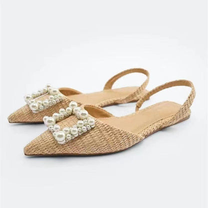 Flat Shoes Pearl Espadrilles for women Casual Slingback Rhinestone Shoes Woman Spring Summer Ladies Low heel Shoes