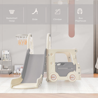 Kids Slide with Bus Play Structure Freestanding Bus Toy with Slide for Toddlers Bus Slide Set with Basketball Hoop