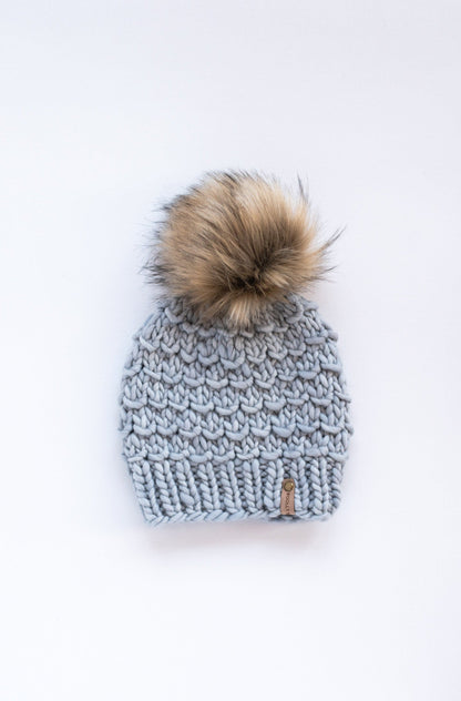 Gray Merino Wool Knit Hat with Faux Fur Pom Pom