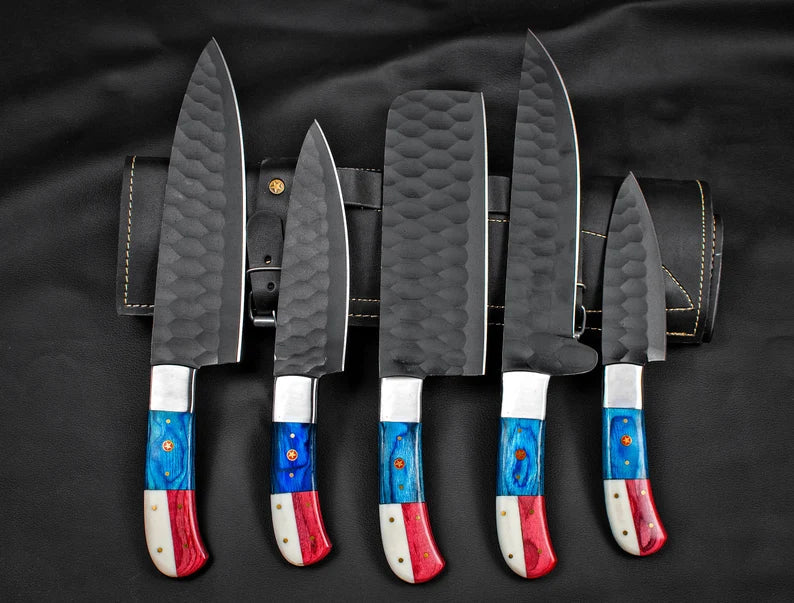Custom Hand Forged Carbon Steel Chef’s Knife Set – 5 PCS BBQ & Kitchen Knives | Best Anniversary Gift for Him