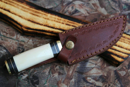 Custom Handmade Damascus Camping Knife with Camel Bone Handle