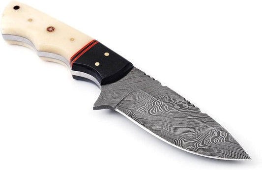 Custom Handmade 4.5" Damascus Steel Skinning Knife – Buffalo Horn and Camel Bone Handle