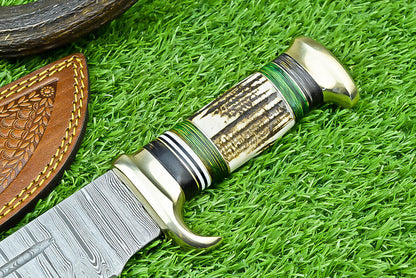 Deluxe Dundee Knife – 16" Handmade Damascus Steel Blade with Brass Guard & Pakkawood or Stag Horn Handle + Leather Sheath