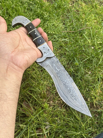Custom Handmade 12" Damascus Steel Hunting Knife with Buffalo Horn Handle & Damascus Steel Bolster - Includes Leather Sheath