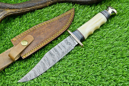 Handmade Western Boulder Colorado Knife – 11" Damascus Steel Blade with Camel Bone Handle & Leather Sheath