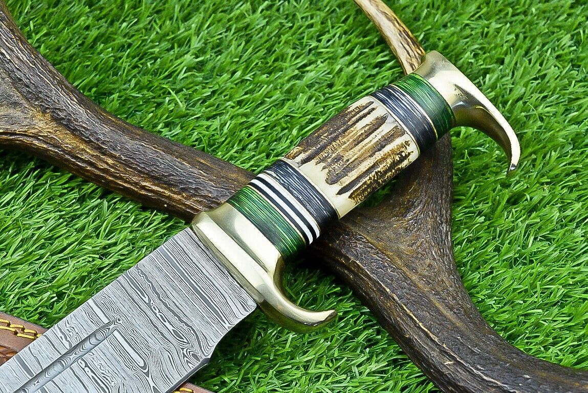 Custom Handmade Damascus Steel Bowie Knife with Stag Horn Handle – 16" Blade with Leather Sheath