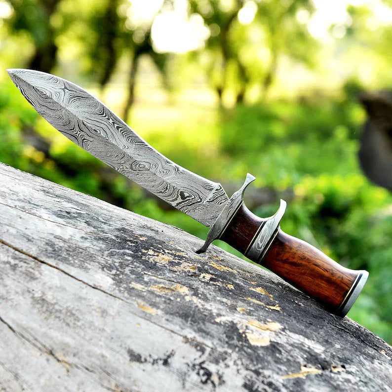 Custom Handmade 13" Damascus Steel Civil War Bowie Knife with Rosewood Handle and Leather Sheath