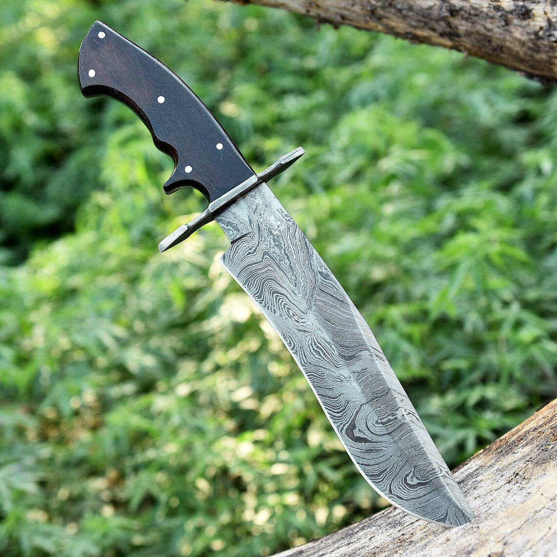 Custom Handmade 13" American-Made Damascus Steel Bowie Knife with Rosewood Handle and Leather Sheath